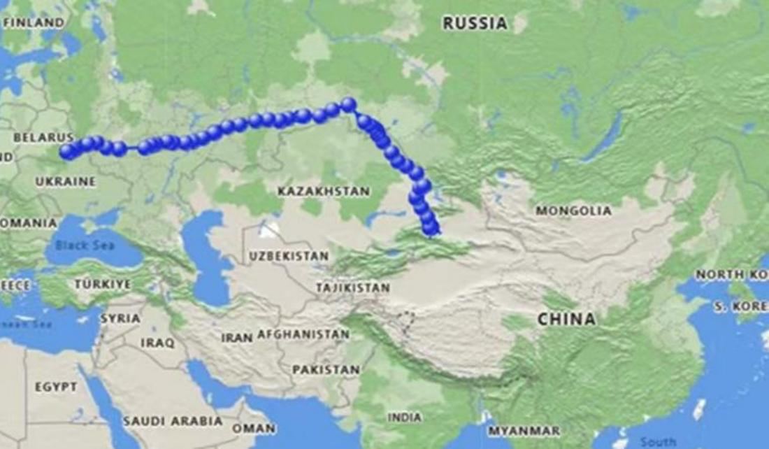 中欧铁路运输线路图：中国 — 满洲里/阿拉山口 — 欧洲