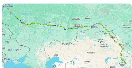 阿拉山口至莫斯科、圣彼得堡线路轨迹图