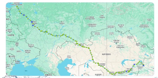 阿拉山口经阿拉木图至欧洲线路轨迹图